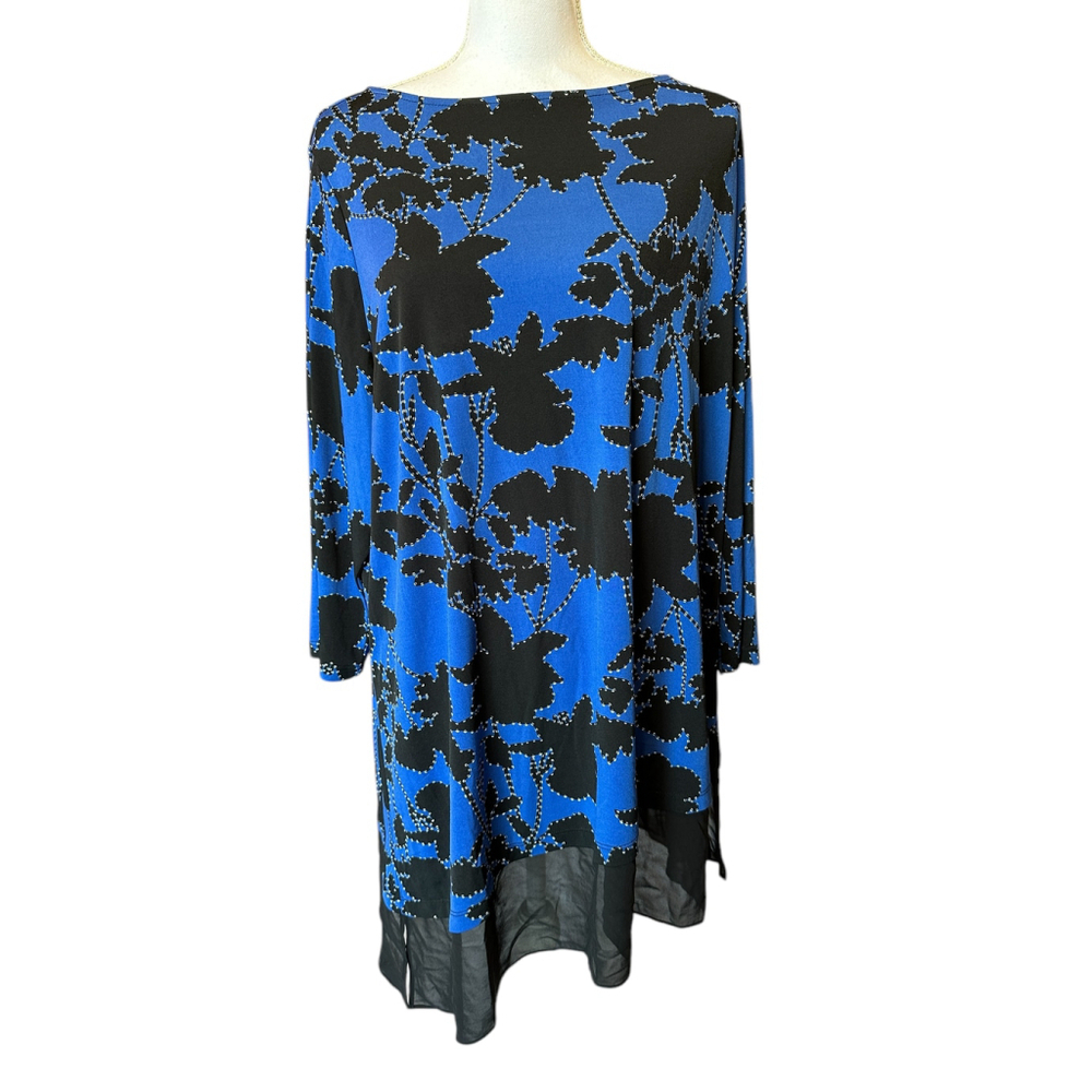 Women's Susan Graver Dress XL Blue Black Floral Print
